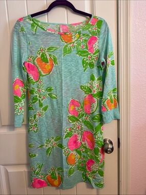 Lilly Pulitzer Mint Green Tropical Floral Shift Dress with Pink & Orange Accents